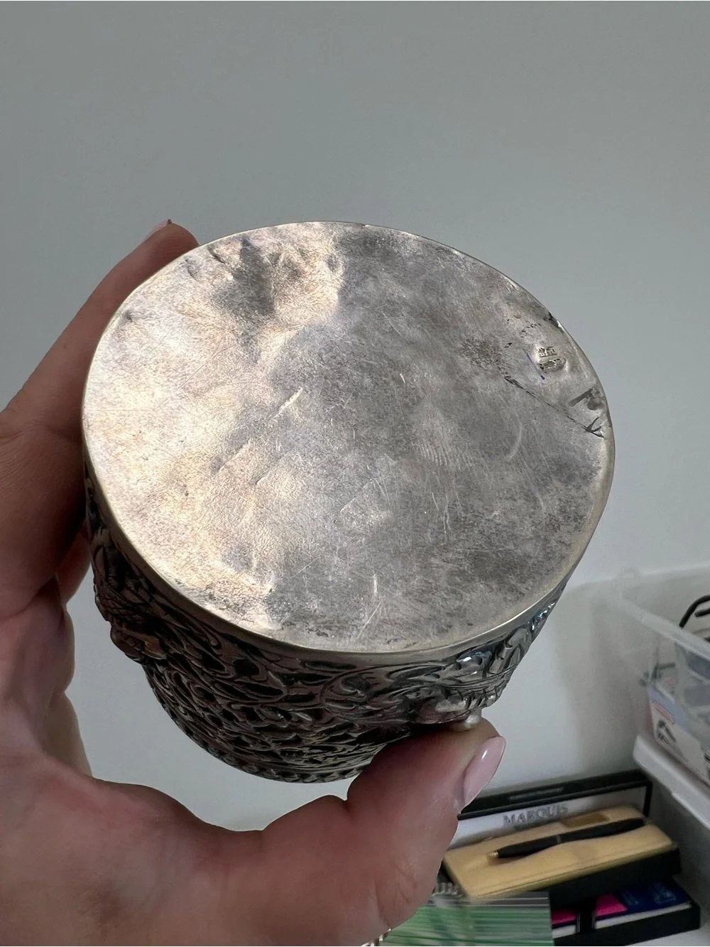 Burmese 950 silver betel box canister intricate repoussé floral designs